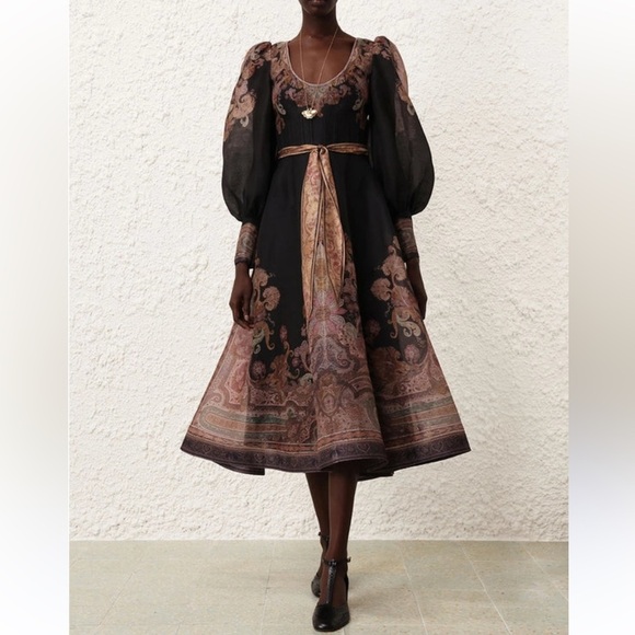 ZIMMERMANN Illustration Belted Printed Linen Silk Blend Organza Midi Dress Black - Picture 16 of 16